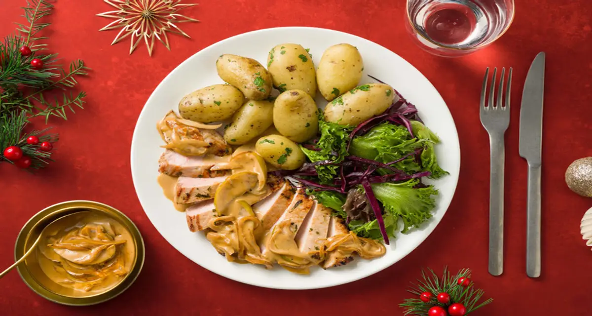 Urtemarineret svinekotelet i æblesmørsauce